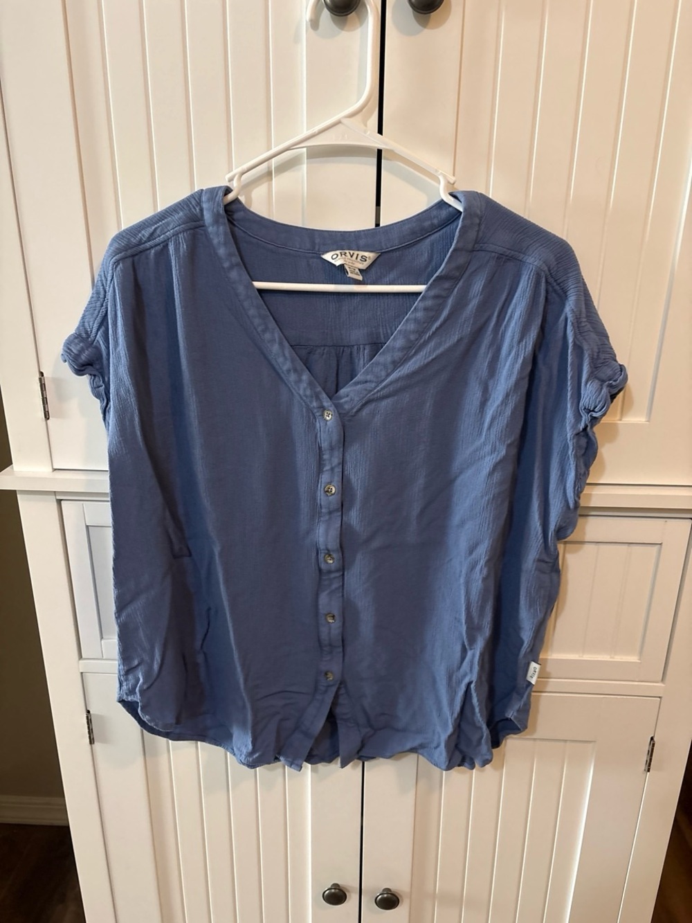 Orvis Med Blue Crinkle Button Front Blouse Coastal Grandma Boho Coastal Grandma